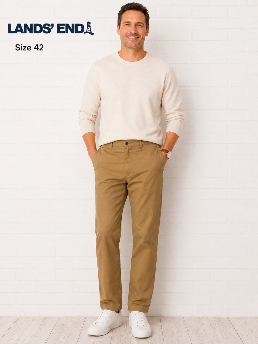 Lands’ End Men’s Khaki Chino Pants Classic Straight Leg Flat Front Casual/42